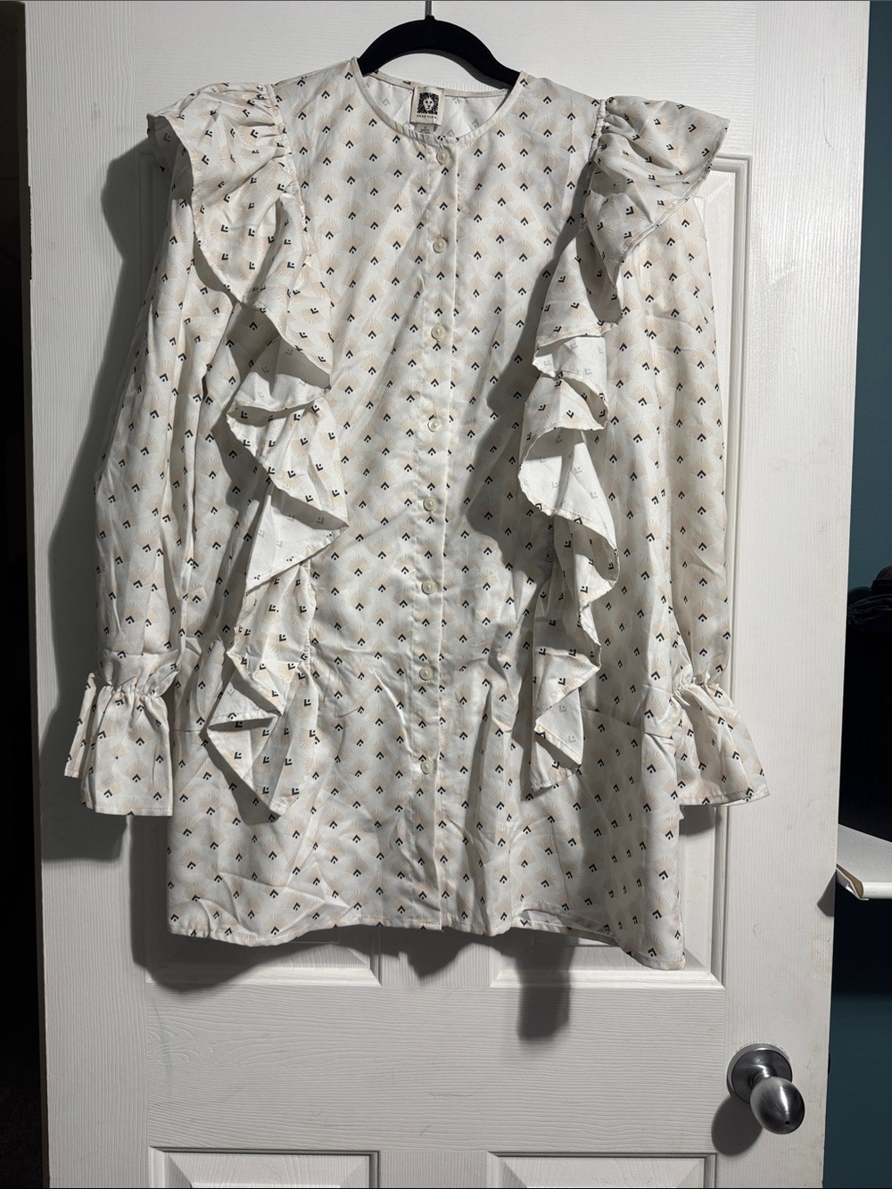NWT Anne Klein Ruffle Mini Dress Blue White Long Sleeve Size 4 Preppy Classic